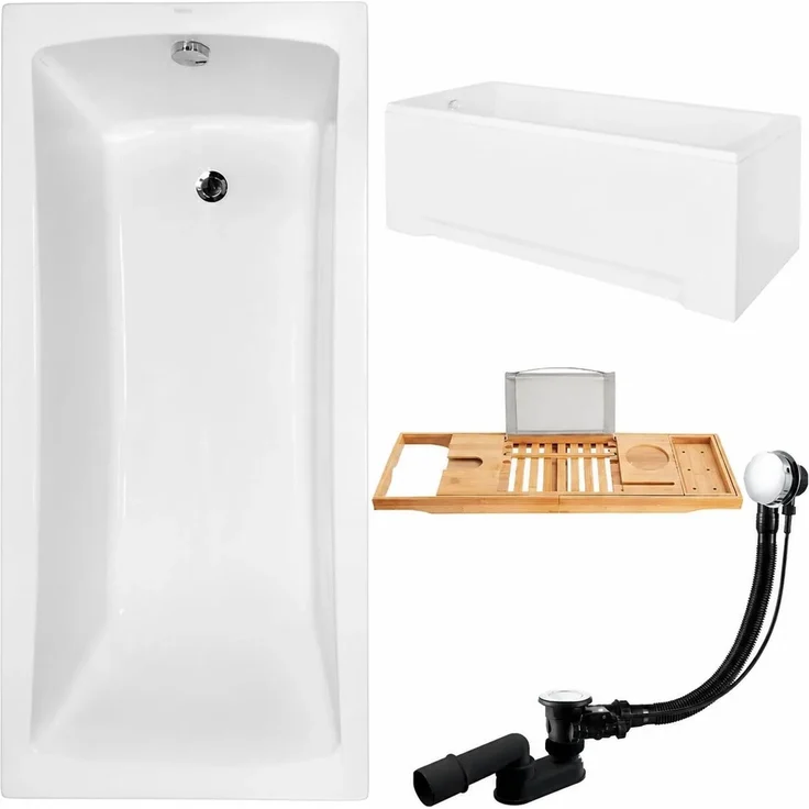 KOLMAN Badewanne OPTIMAZ Rechteck 150 x 70 cm, schneeweiß mit Acrylschürze und Bambus Badewannenablage, inkl. Ablauf und Füße
