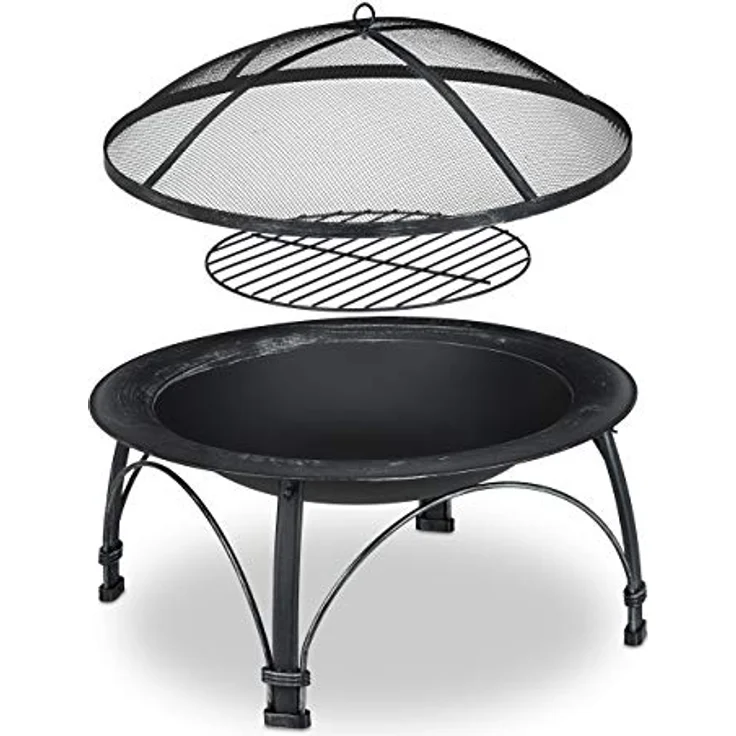 Relaxdays Feuerschale mit Funkenschutz Schürhaken, Garten Terrasse, HxD: 59 x 89 cm, Outdoor Feuerstelle, schwarz – Bild 7