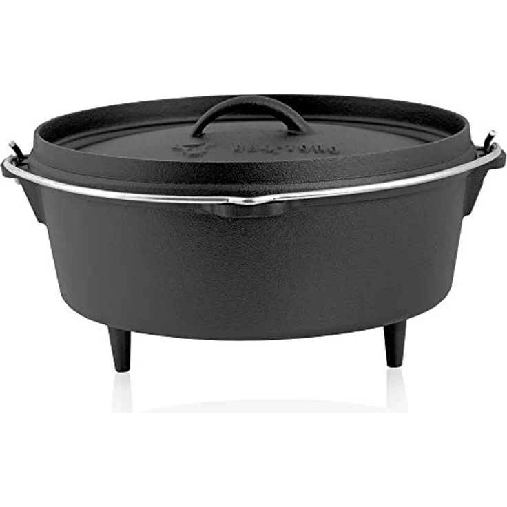 BBQ-Toro 6-teiliges Dutch Oven Kit in Holzkiste | Gusseisen, bereits eingebrannt - preseasoned | Set aus Topf, Pfanne, Grillrost, Holz Kiste und Dreibein | Für Camping, Outdoor, Garten und Terrasse – Bild 4