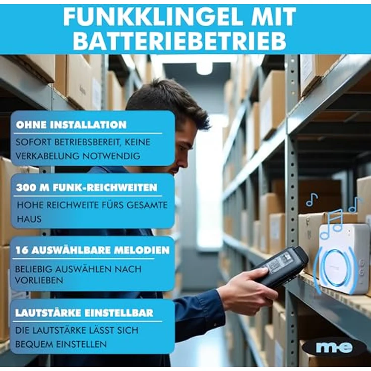 m-e Funk-Bewegungsmelder Set BELL-8121, kabelloser Durchgangsmelder mit 300 Meter Reichweite, Klingelton/Alarm, Set mit Batterieempfänger für Ladentüren und Eingänge – Bild 4