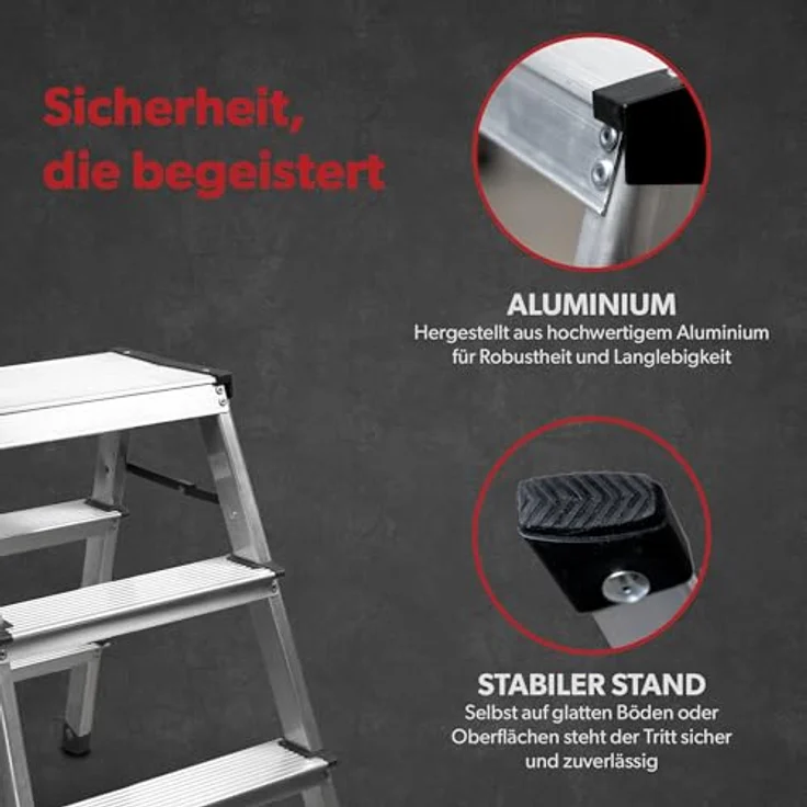 siwitec Alumium-Klapptritt 3 Stufen | Kleine Trittleiter | rutschfeste Standfüße | 150 kg Traglast | Geriffelte Stufen | Platzsparend | Klappleiter – Bild 4