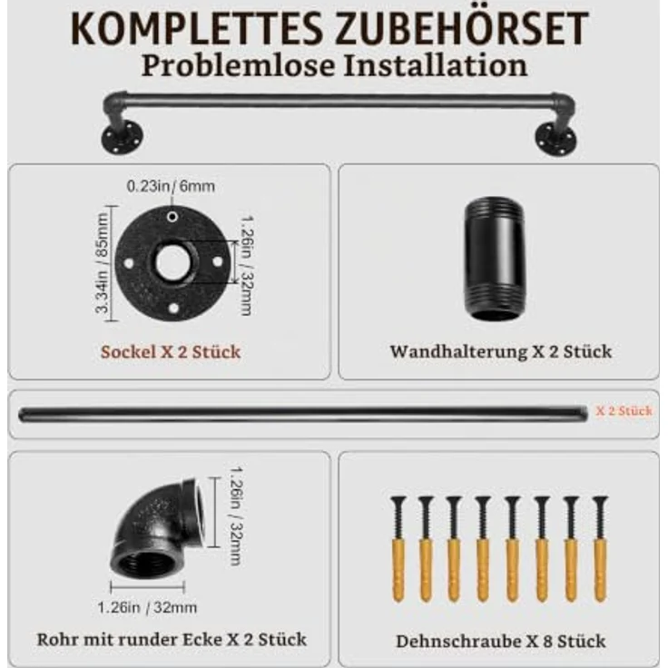 VEVOR Retro Wasserrohr Handlauf 60cm, Kohlenstoffstahl mit mattem Finish, 200kg Traglast für Innen- und Außenanwendungen – Bild 3