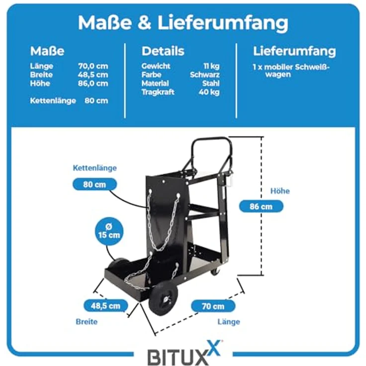 Bituxx MS-17226 Werkzeugwagen für Schweißerwerkzeug, 3 Ablagen, mobil, max. Traglast 40 kg, inklusive Kettensicherung – Bild 6