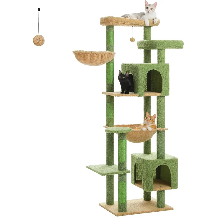 PurpurRain Kratzbaum 7 Stocke mit großen Höhlen und Hängematte, 175 cm - 7-stufiger hoher Katzenbaum mit 100% natürlichen Sisalstämmen, stabil und groß, purpur