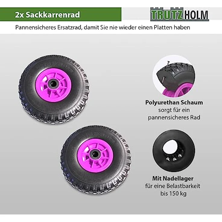 TRUTZHOLM 2 x Sackkarrenrad pannensicher 260x85 mm 3.00-4 PU Sackkarre Ersatzrad Rad Reifen – Bild 2