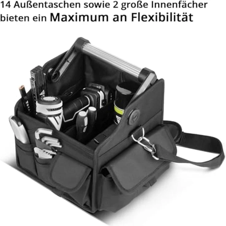 STAHLWERK Werkzeugtasche, robuste Elektriker-Tasche mit 14 Außentaschen, 2 Innenfächern, verstärktem Rahmen, Aluminium-Tragegriff und strapazierfähigem Polyester-Gewebe – Bild 3