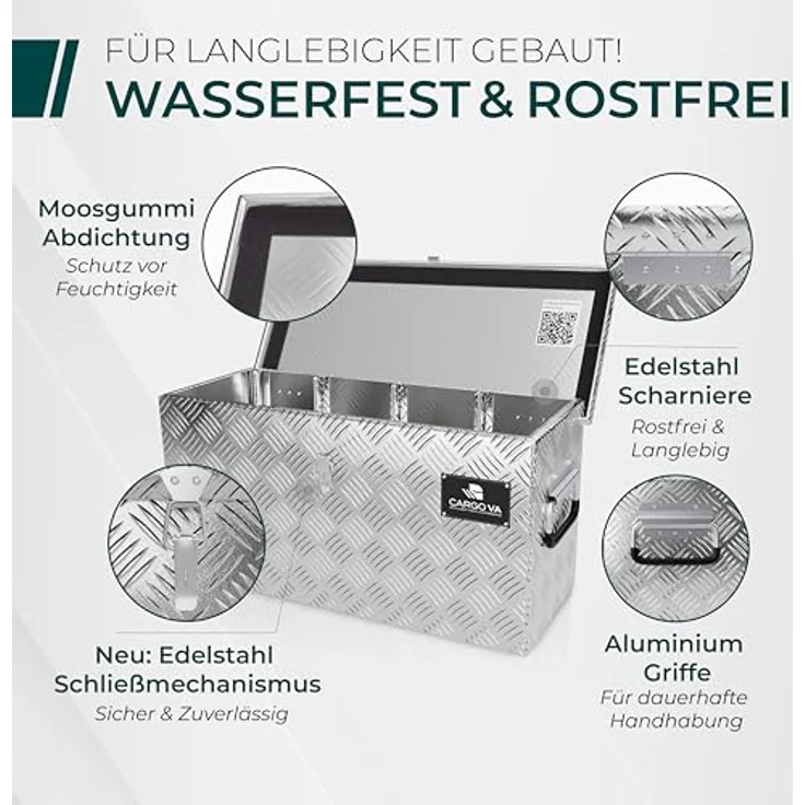 CARGO VA CargoVA - Wasserfeste Deichselbox mit Vorhängeschloss, Abschließbare Transportbox [60x25x30CM] mit Aluminium-Fächern und universeller Passform – Bild 2