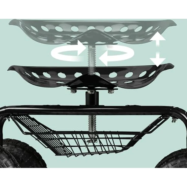 Relaxdays fahrbarer Gartensitz mit Stauraum, höhenverstellbar (40–49 cm), bis 150 kg, Stahl, schwarz, mit Luftreifen – Bild 5