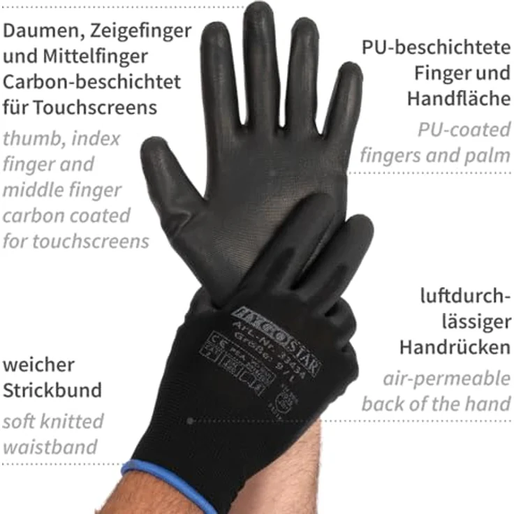 FRANZ MENSCH 12 Stück Hygostar Feinstrickhandschuhe Black Ace Touch | PU-Beschichtung, Packung, schwarz, 9/L, L: 25cm – Bild 4