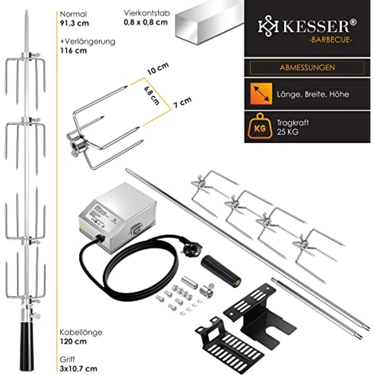 KESSER Edelstahl Grillspieß Set 107cm passend für Weber Spirit Gasgrill mit 4X Fleischnadeln BBQ Fleischklammer, Griffstück und Motor Rotisserie Elektrischer Drehspieß 220V - 240V Silber – Bild 7
