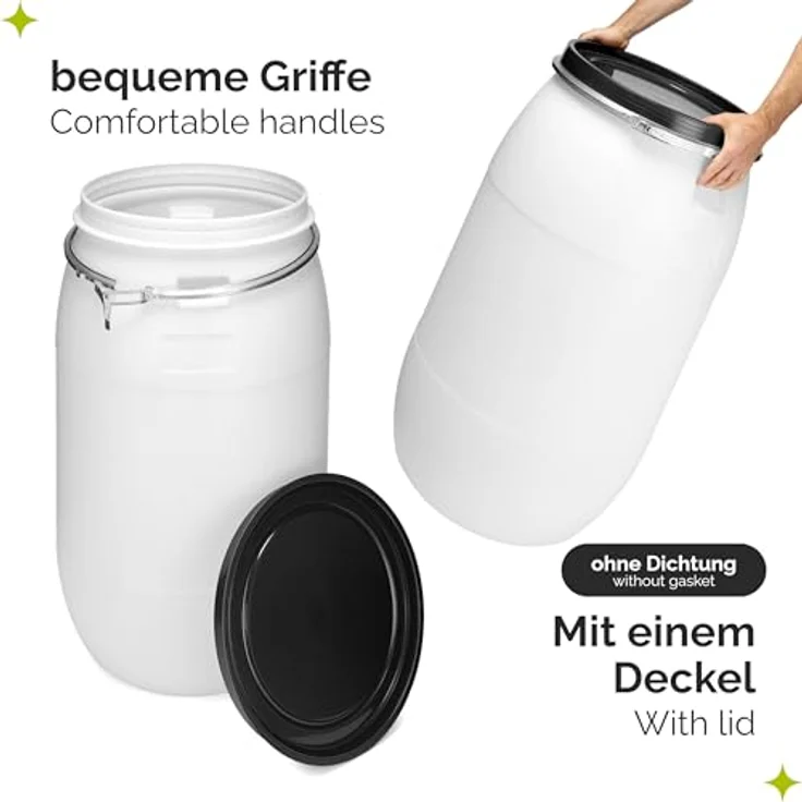 Garronda GD-0078 Regentonne 220 Liter Weithalsfass aus HDPE, weiß, mit Deckel, BPA-frei, ideal für Regenwasser, Futter und Lebensmittel – Bild 3