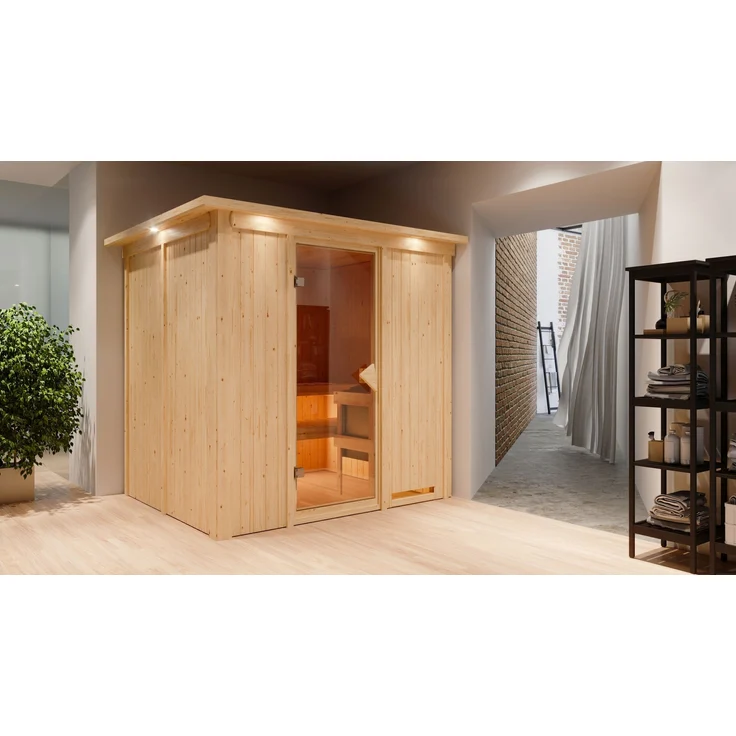 Karibu Sauna Innensauna Sodin 9 KW externe Strg easy 210x184x202 cm, Dachkranz, Bronzierte Tür, aus Fichtenholz