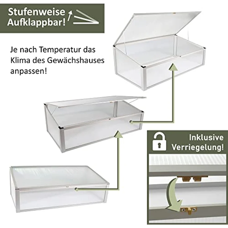 NATIV Frühbeet aus Aluminium | Frühbeetkasten 56,5 x 110 cm | Frühbeet Aufsatz für Hochbeet | Mini Gewächshaus | Hochbeet Abdeckung mit 2-Fach arretierbarem Dach – Bild 4