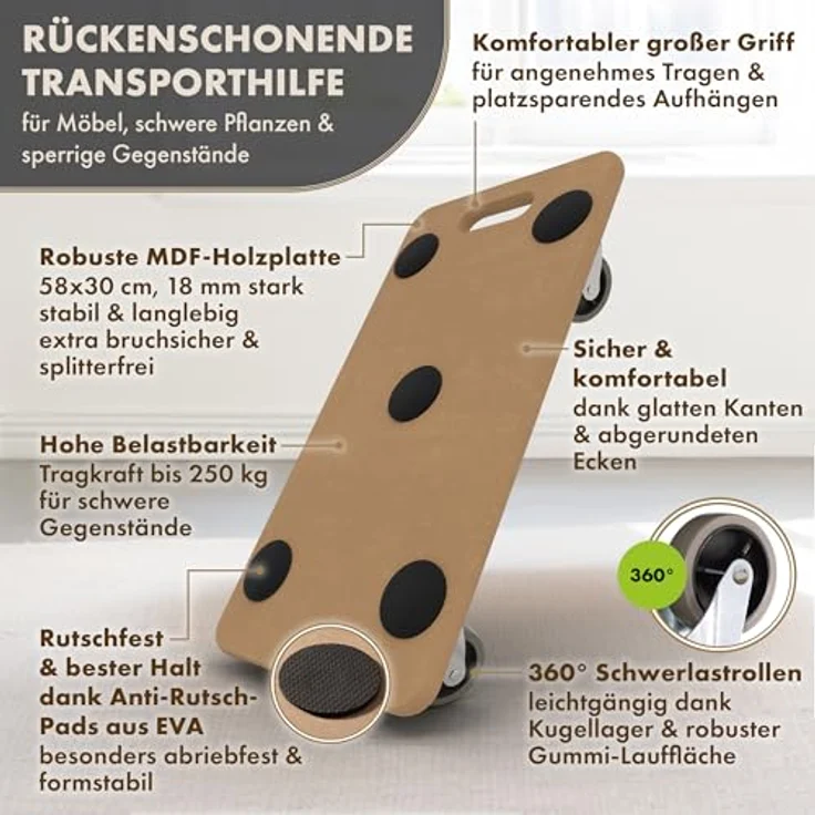 TTL HOME Möbelroller Scooter 2er Set, Rollbrett mit 250kg Traglast, 360° drehbare Gummirollen, 5 Anti-Rutsch-Pads, 58x30x11cm für schwere Gegenstände Indoor & Outdoor – Bild 3