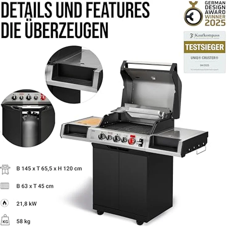 Enders Gasgrill UNIQ 3 IK Cruster, Gasgrill mit ultraheißem CRUSTER, 800°C Turbo Zone, Edelstahlbrennern, emailliertem Gussrost - Schwarz – Bild 7