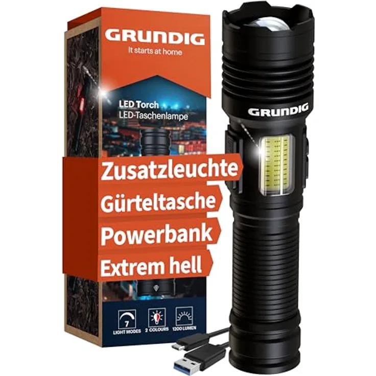 GRUNDIG LED Taschenlampe Ion Technologie, aufladbar, extrem hell, mit Powerbank und Arbeitsleuchte, Aluminium Gehäuse, wasserfest, 3000 mAh Akku