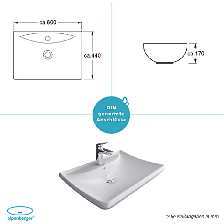 Alpenberger Waschbecken 60 cm Breit | Aufsatzwaschbecken Eckig | Hängewaschbecken | Keramik Waschtisch mit Nano | Handwaschbecken Klein Gäste WC und Badezimmer (WB-662) – Bild 5