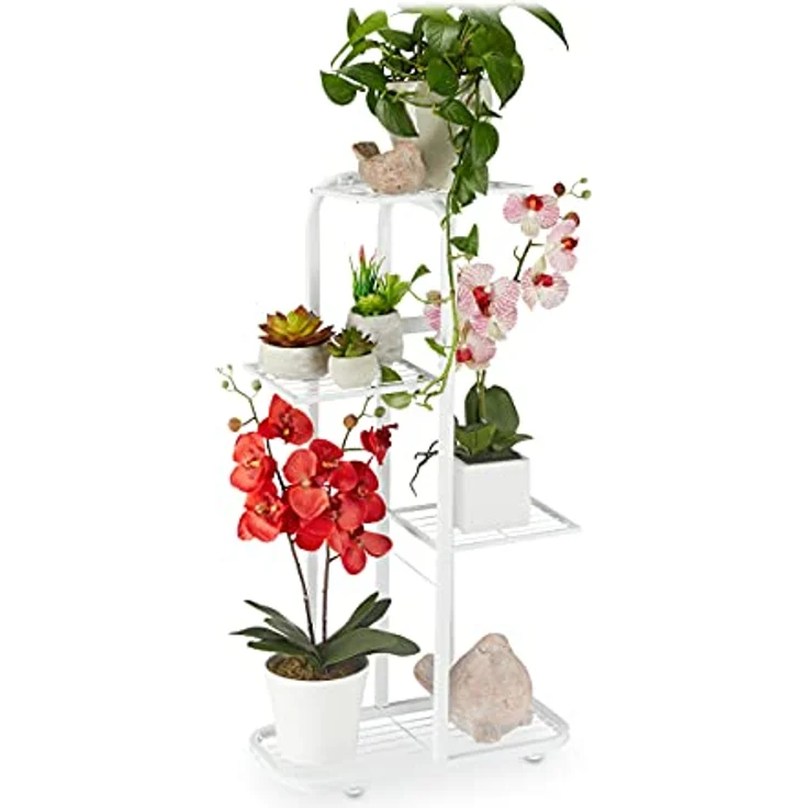relaxdays Blumenständer Metall Blumentreppe 4 Etagen, Weiß - Pflanzenregal aus pulverbeschichtetem Stahl, für Wohnzimmer, Balkon und Garten geeignet – Bild 2