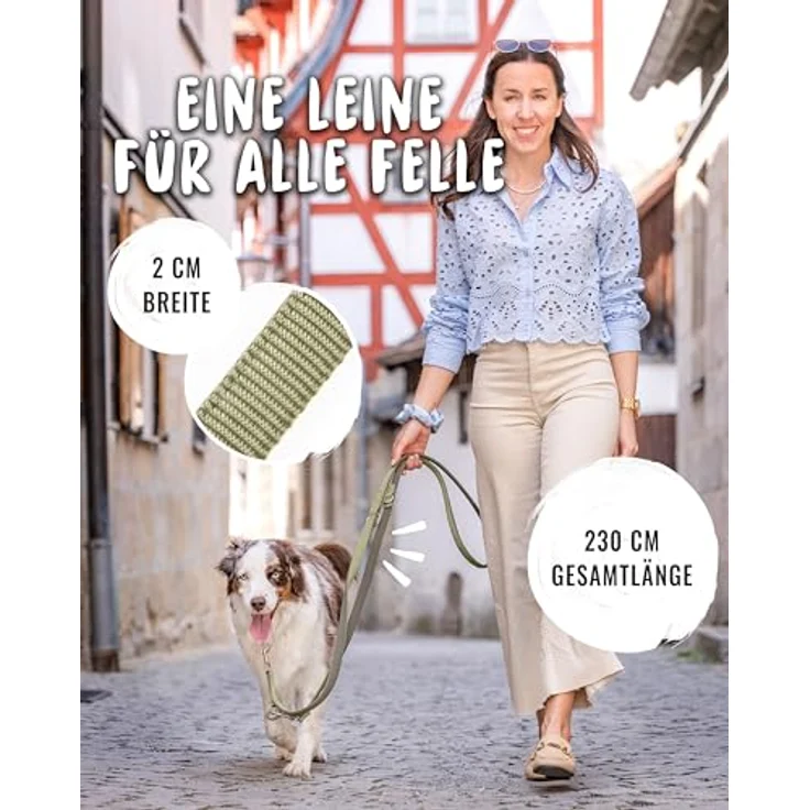 Rudelkönig Führleine Bella, 2,30m verstellbare Hundeleine für mittelgroße & große Hunde, weiche Khaki Lederleine aus Neopren & Nylon – Bild 3