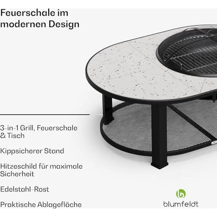 Blumfeldt Merano Circolo L Feuerschale, 3-in-1 mit Grillrost & Terrazzo-Tischplatte, robuster Stahlrahmen, inkl. Funkenschutz & Schürhaken, für Garten & Terrasse – Bild 2