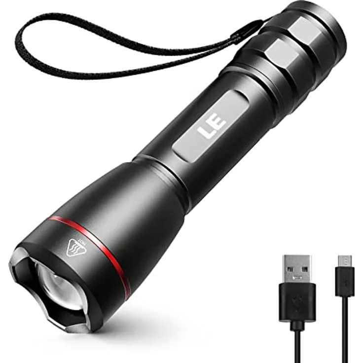 Lepro LE LED Taschenlampe P9, 15000 Lux extrem hell, USB aufladbar, IPX4 wasserdicht, 5 Modi, zoombare Handlampe für Camping und Outdoor