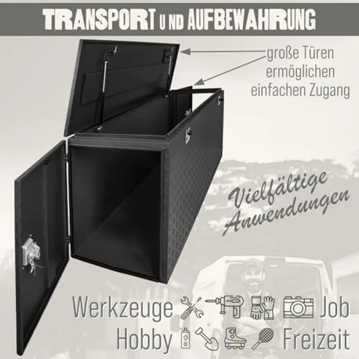 Trucky P900 Werkzeugbox, Aluminium Deichselbox Schwarz, 196 x 59 x 80 cm mit Schloss und wasserdichtem Design – Bild 3
