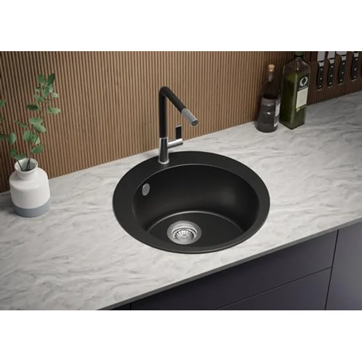 Primagran Spülbecken Rund Schwarz Metallic 50x50cm, Granitspüle 1 Becken + Ablauf-Set + Schneidebrett, Küchenspüle ab 45er Unterschrank - Top – Bild 2