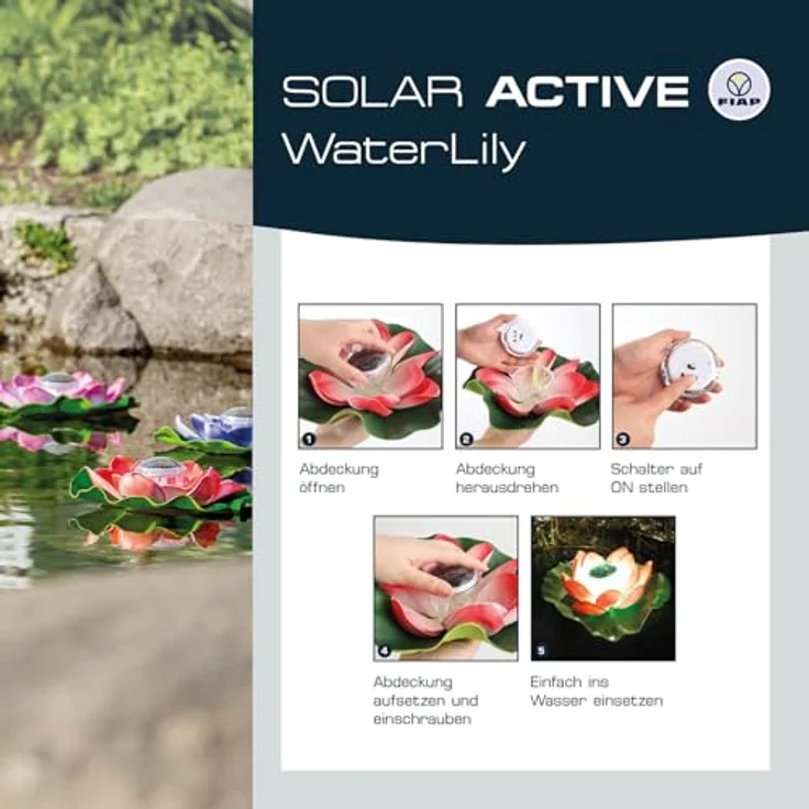 FIAP SOLAR ACTIVE WaterLily WHITE, schwimmende Seerose mit Solarbeleuchtung und Akkubatterie, Teichbeleuchtung in weiß, leuchtet in 7 Farben, Ø 280 mm – Bild 4