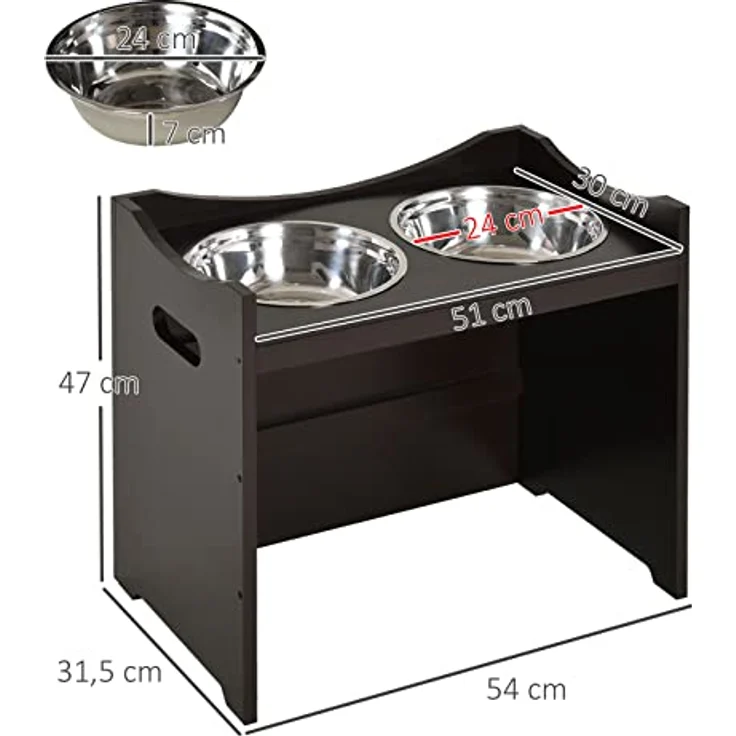 PawHut Höhenverstellbarer Hunde Fressnapf, Futterstation, Edelstahlnapf, Katzenapf, MDF, Edelstahl, Dunkelbraun, 54 x 31,5 x 47 – Bild 3