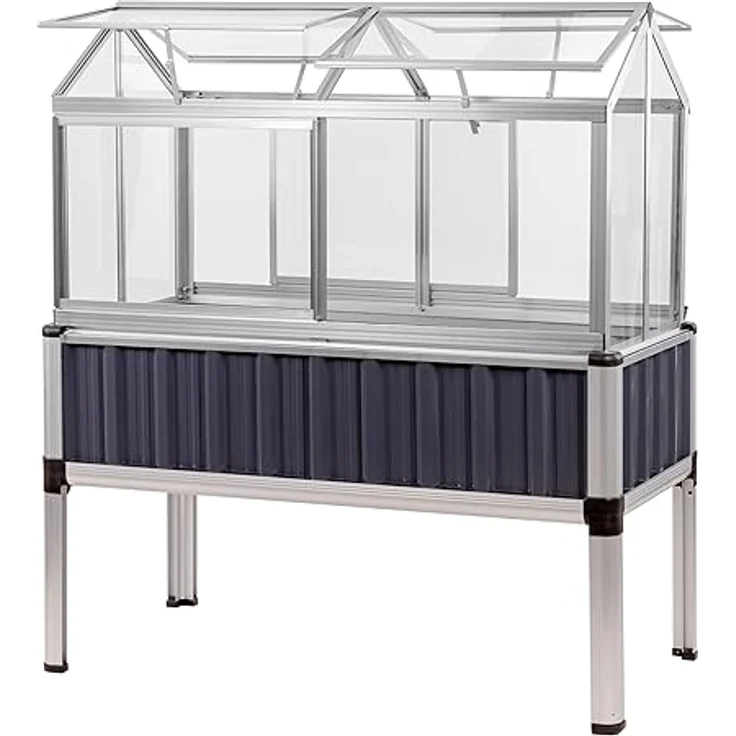 DEMA Alu Hochbeet mit Gewächshausaufsatz, 114x61x129 cm, anthrazit, 2 Schiebetüren, 4 Dachentlüftungen, 3-stufig – Bild 2