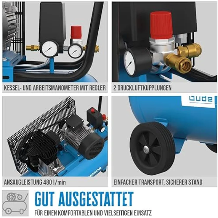 Güde Profi Kompressor 580/10/100 H 400V 100l 10bar 3000W 580l 2 Zylinder, luftstarker Kompressor mit 480 l/min Ansaugleistung, 8-10 bar Druckbereich, blau – Bild 3