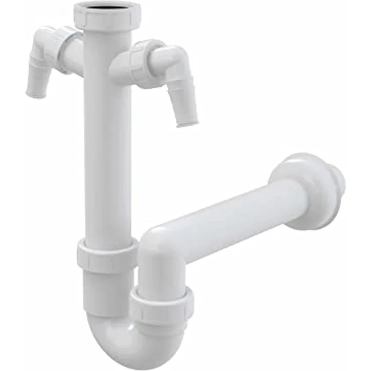 AlcaPlast Spülbecken Ablaufgarnitur 1,5'', Röhrensiphon ø40/50mm, mit 2 Geräteanschlüssen DN40, Farbe: Weiß – Bild 1