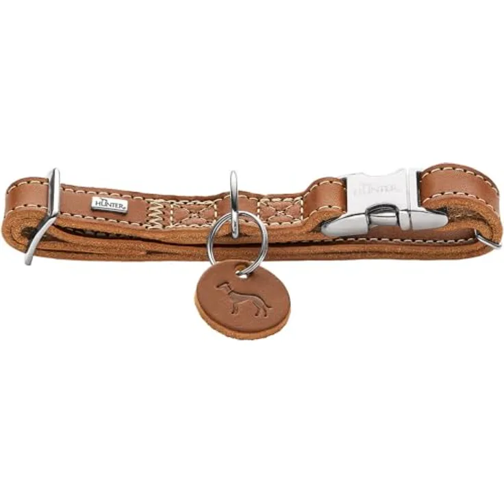 HUNTER Hundehalsung Aalborg ALU-Strong, Cognac, weiches Leder, Aluminium-Klickverschluss, stufenlos verstellbar, Made in Germany, Größe M