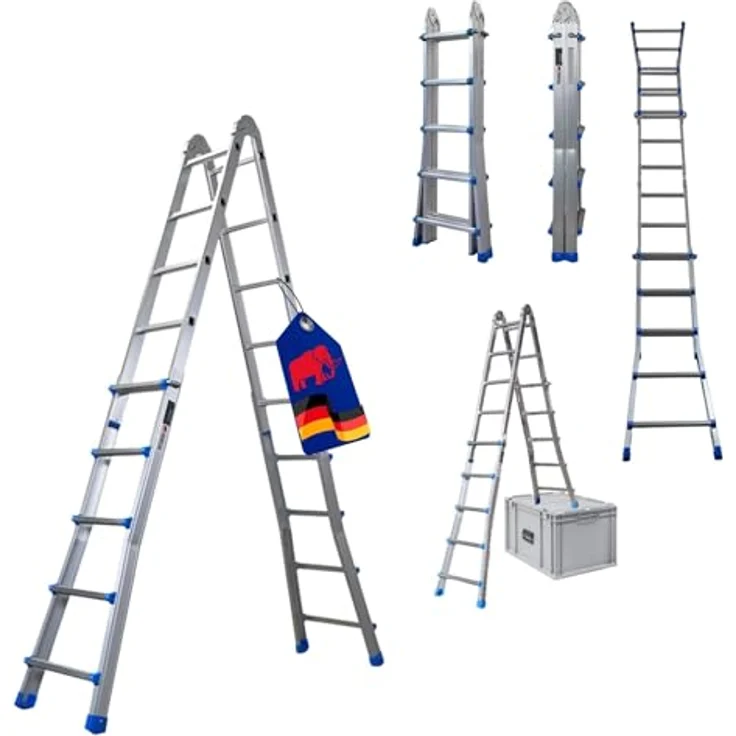 PROREGAL Apollo 3-in-1 Aluminiumleiter, Mehrzweckleiter mit 4x5 Sprossen, bis zu 5m Höhe, Traglast 150kg, klappbar, Silber – Bild 1