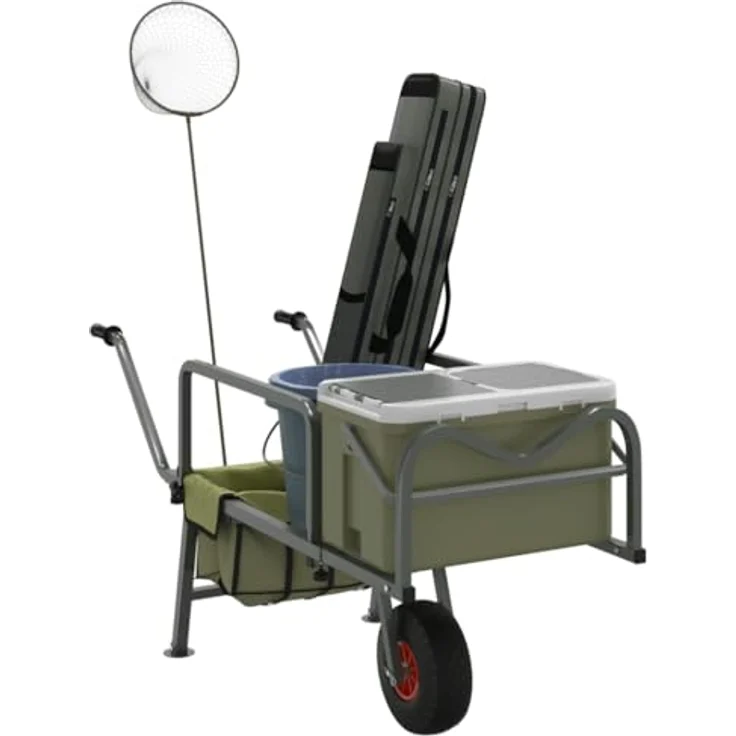 vidaXL Angelwagen Grün, Handwagen aus pulverbeschichtetem Stahl mit Rad für Angeln und Campen – Bild 2