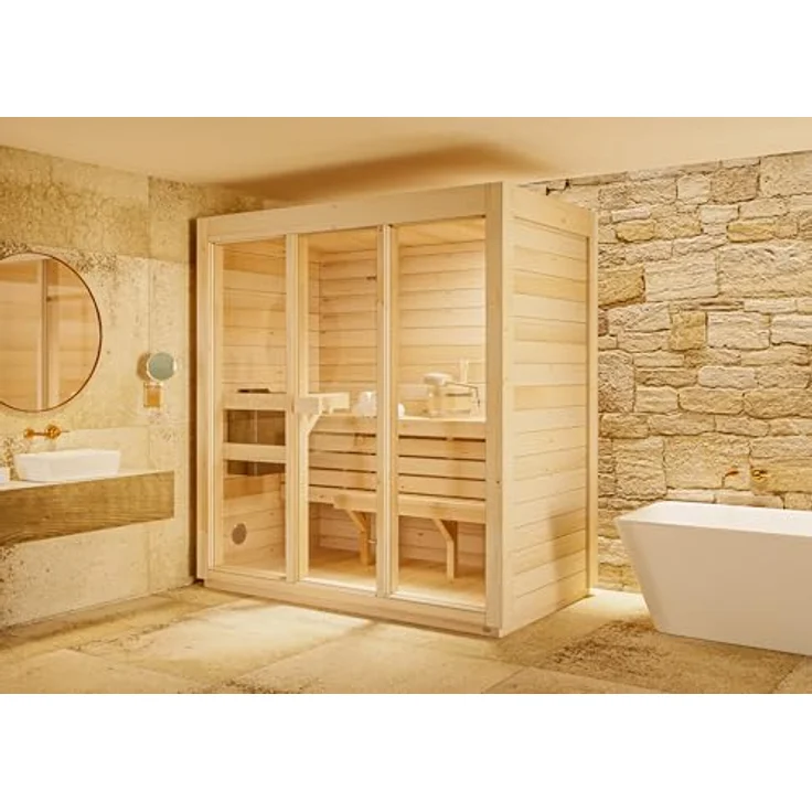 FinnTherm Innensauna Kuuma M, 42 mm Wandstärke, naturbelassen, inkl. Fußboden, für bis zu 3 Personen, BxTxH: 199 x 111 x 213 cm – Bild 1
