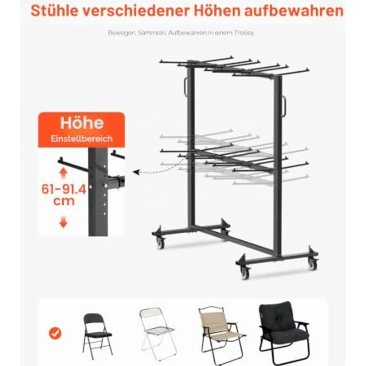 VEVOR Klappstuhlständer, doppellagiger Stuhlwagen für 84 Stühle/12 Tische, 361 kg Tragkraft, mattschwarz mit Gummirädern und Staubschutzhülle – Bild 3