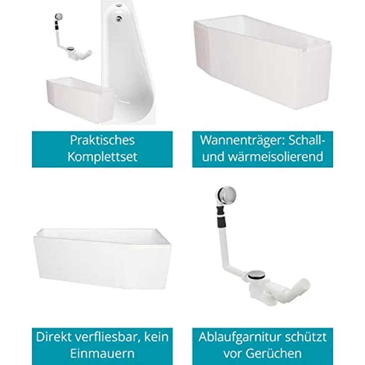 Calmwaters® Eckbadewanne Essential Small, 160x70 cm, Weiß, mit Wannenträger und Überlaufgarnitur – Bild 4
