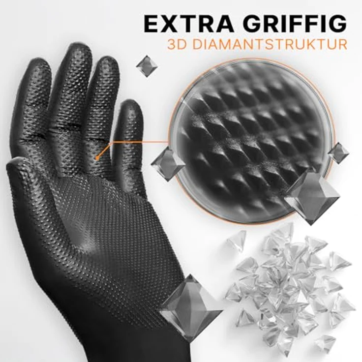 ARNOMED PROGRIP Einweghandschuhe Diamant Grip, Schwarz, extra starke Nitrilhandschuhe Gr. L, chemikalienbeständig, 50 Stk/Box – Bild 2
