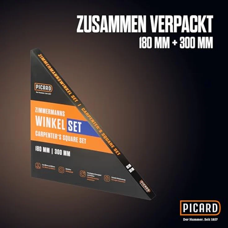 PICARD Zimmermannswinkel Set 180 mm mit Bohrlehre & 300 mm mit Sparrenlehre, Präzise Anschlagwinkel für Holzbau und Dachkonstruktion – Bild 4