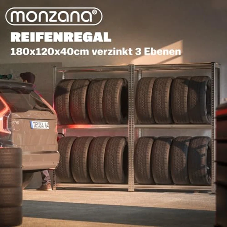 monzana Schwerlastregal, 2x Reifenregal für bis zu 8 Reifen, 795 kg Tragkraft, 3 höhenverstellbare Ebenen, vollverzinkte Stahlkonstruktion, inkl. Gummischutz, 180x120x40cm – Bild 6