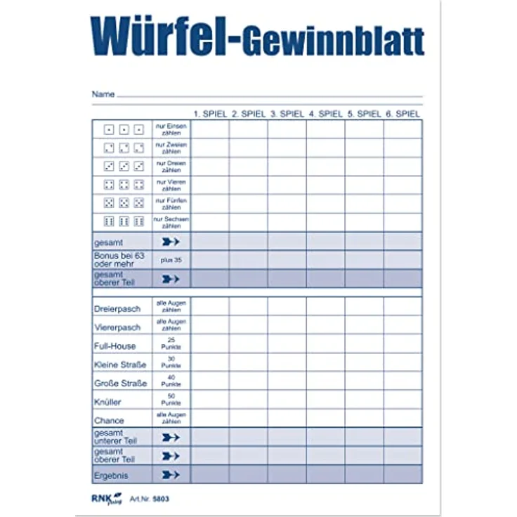 RNK 5803 - Würfelspiel-Block DIN A6, 3 Blöcke je 85 Blatt für 1.530 Spiele – Bild 4