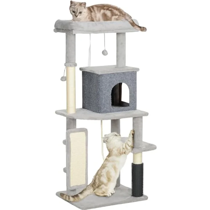 PawHut Kratzbaum 132 cm Katzenbaum mit Katzenhöhle, Spielball, Sisal-Kratzsäulen, für Katzen bis 6 kg, Hellgrau – Bild 1