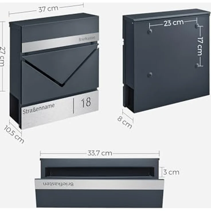 SONGMICS GMB080D01V1 Briefkasten personalisiert, abschließbar mit Namensschild und Hausnummernschild, anthrazit-silbern, wasserresistent, Zeitungsfach, V-förmiges Sichtfenster, einfache Montage – Bild 4