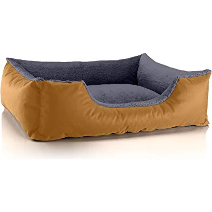 BedDog Hundebett Teddy flauschig, Hundekissen mit abziehbaren waschbaren Bezug, Hundekorb, Hundesofa, für mittel-große Hunde, L, Gold-grau – Bild 1