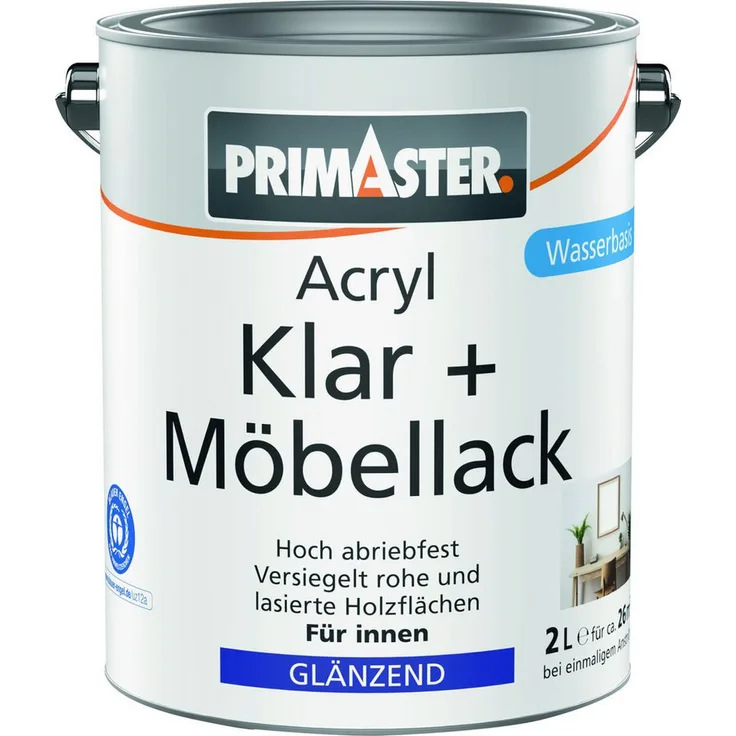 Primaster Acryl-Buntlack, Klar + Möbellack, 2 L farblos glänzend, wasserbasiert für Innenräume
