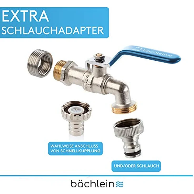Bächlein Universal Auslaufhahn mit Reduzierungs-adapter für 1" Wandanschluss - Auslaufhahn mit 1/2 und 3/4 Zoll Anschluss - Preisvergleich – Bild 3
