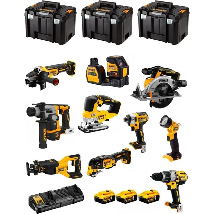 DeWALT Kit DCK1012P4T, Elektrowerkzeug-Set mit Schlagbohrmaschine DCD796, Schlagschrauber DCF887, Sägen und LED-Arbeitslicht, inkl. 4x 5,0Ah Akku und 3x TSTAK VI Koffer