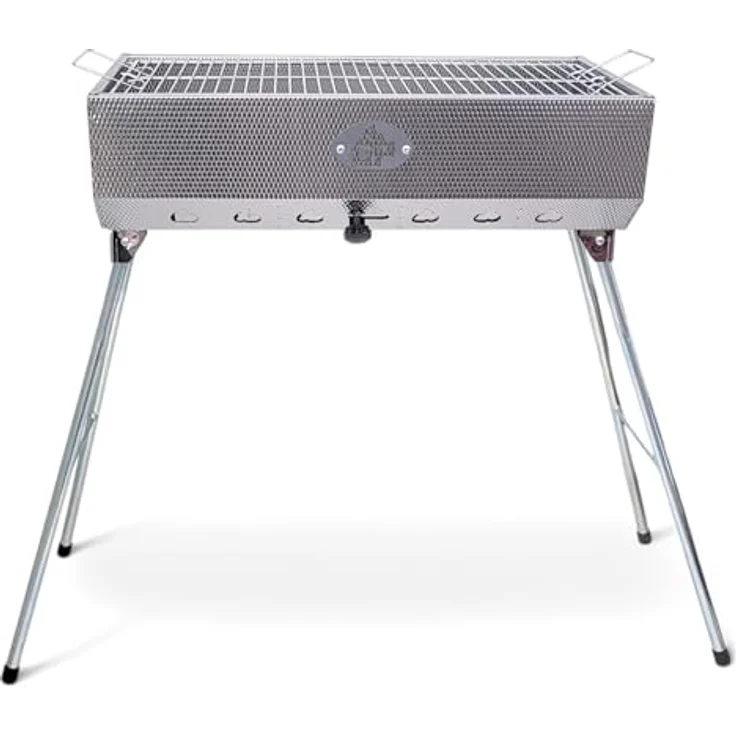 Grillpeter Holzkohlegrill Mangal Taschkent Schaschlikgrill Edelstahl rostfrei, Multifunktional, für Schaschlik, Holzfällersteaks, Hähnchen, Fisch und Gemüse, zusammenklappbare Beine, 57x28cm, für bis zu 15 Spieße geeignet, rostfrei, in Edelstahl – Bild 2