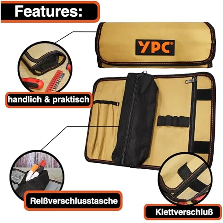YPC VarioRoll M, Werkzeugrolltasche 36x25cm mit 2 Reißverschlusstaschen, 4 Steckfächern, 4 Schlaufen, wasserfestem Oxford 600D Polyester – Bild 5
